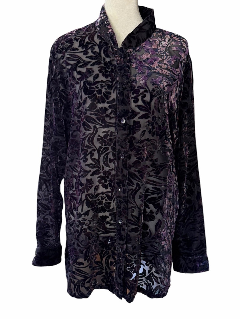 Bechemel Velvet Sheer Burnout Button Blouse Tunic Dark Purple Semi Sheer XL